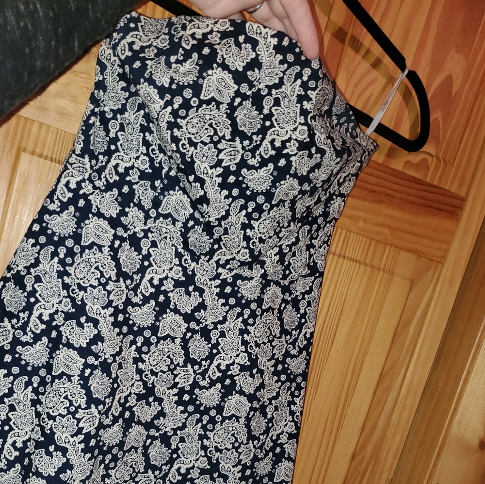 Blue and white patterned strappless dress
